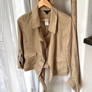 Ann Taylor Tan Matte Gold Snap Button Roll Sleeve Cropped  jacket Size S